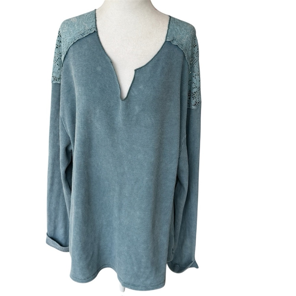 Knox Rose Teal Long Sleeve Top with Lace Shoulders Women Size XL V Neck